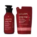 Imagem de duas embalagens de loção hidratante corporal Nativa SPA Cereja Rouge, sendo um frasco com tampa dosadora preta e um refil em sachê. Ambos são vermelho-escuro com letras douradas e brancas.