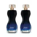 Imagem de dois frascos de item de perfumaria da marca Glamour Midnight, com embalagem em degradê de preto para azul escuro, rótulo com letras douradas, borrifador dourado e tampa transparente. O recipiente conta com 75ml da fragrância.
