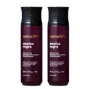Imagem de dois frascos de body splash da marca Nativa SPA Ameixa Negra, com embalagem em formato cilíndrico, na cor vinho, com rótulo em letras brancas e douradas exibindo o nome da marca e informações sobre o produto.