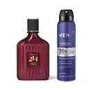 Imagem de dois itens de perfumaria: frasco de vidro vermelho com rótulo dourado da marca Botica 214 African Sunrise e lata azul com texto "MEN Clinical Ultra Protect" e informações sobre proteção antiperspirante.