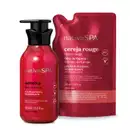 Imagem de duas embalagens contendo loção hidratante corporal Nativa SPA, sendo um frasco roxa com tampa preta da linha Ameixa e um sachê vermelho da linha Cereja Rouge.