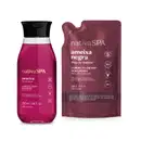 Imagem de dois frascos de sabonete líquido perfumado da marca Nativa SPA, um em frasco transparente com sabonete rosa da linha Ameixa e outro em embalagem plástica vinho da marca Ameixa Negra.
