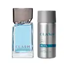 Imagem de dois frascos contendo 100ml de desodorante colônia da marca Clash: um frasco transparente com líquido azul claro e tampa cinza e outro frasco de metal prateado com rótulo azul.