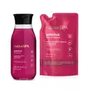 Imagem de dois itens Nativa SPA Ameixa: um frasco com tampa preta de 250 ml de sabonete líquido perfumado e um refil de 200 ml do mesmo produto, ambos na cor rosa vibrante com rótulos em branco e dourado.