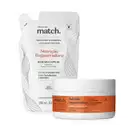 Imagem do Combo Match. Nutrição Regeneradora:  pote branco com rótulo laranja e texto em letras pretas de máscara capilar e refil do mesmo produto em embalagem sachê branco com letras pretas e laranja.