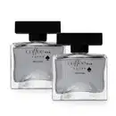 Imagem de dois vidros quadrados e transparentes com líquido cinza, tampas e letras na cor preta. Cada recipiente contém 100ml de desodorante colônia Coffee Man Lucky.