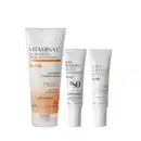 Três produtos de skincare da marca Botik: gel de limpeza facial antioxidante Vitamina C, protetor solar com ácido hialurônico FPS 80 e máscara facial com ácido glicólico, em embalagens em formato de bisnaga.