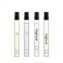 Quatro frascos de perfumaria masculina transparentes com tampa preta de 10 ml cada, sendo um Malbec Ultra Bleu Desodorante Colônia, um Coffee Addictive Man Desodorante Colônia, um Zaad Venture Eau de Parfum e um Malbec Icon Desodorante Colônia.

