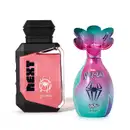 Kit da marca Marvel Spider-Man e Spider-gwen, incluindo frasco de colônia infantil nas cores rosa e preto da linha Next e frasco de colônia infantil nas cores rosa e azul com tampa em formato de flor da linha Sophie.