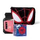 Kit da marca Next Marvel Spider-Man, incluindo frasco de colônia infantil nas cores rosa e preto, bisnaga vermelha de gel fixador com ilustração do Spiderman e uma caixa azul de sabonete-teia com temática do Homem Aranha.