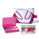 Kit da marca Sophie Marvel Spider-Gwen, incluindo pote de creme em embalagem nas cores vermelha, rosa e azul, nécessaire com detalhes em vermelho, azul e branco, simulando uma máscara do Spider Gwen e paleta de maquiagem colorida com embalagem rosa.