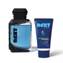 Frasco de item de perfumaria da marca Next com design geométrico em embalagem de vidro transparente com bordas pretas e líquido azul, acompanhado de bisnaga de desodorante em creme da mesma marca na cor azul escuro, com tecnologia SmartShield.