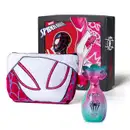 Kit da marca Marvel Spider-Man e Spider-Gwen, incluindo frasco de colônia infantil nas cores rosa e azul da linha Sophie, nécessaire com detalhes em vermelho, azul e branco, simulando uma máscara do Spider Gwen e caixa preta dos personagens da franquia.