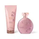Conjunto de produtos Floratta Rose Bouquet, incluindo um frasco de perfume rosa com detalhes florais e uma embalagem de loção hidratante corporal rosa com rótulo e detalhes decorativos.