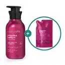 Dois itens de corpo e banho da marca Nativa SPA Orquídea Lumière, sendo um creme desodorante perfumado nas cores rosa e dourado com tampa preta e um sachê de plástico maleável pink contendo refil do mesmo produto dentro de um círculo verde.