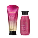 Dois itens de corpo e banho da marca Nativa SPA Orquídea Lumière, sendo um creme desodorante perfumado nas cores rosa e dourado com tampa preta e um frasco de sabonete líquido perfumado, na cor rosa com tampa preta.