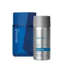 Frasco de item de perfumaria da marca Quasar Blue feito em vidro na cor azul e design angulado e frasco cilíndrico metálico prateado de refil da mesma fragrância.