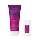 Dois itens de Corpo e banho da marca Cuide-se bem Amoruda, sendo uma bisnaga nas cores pink e roxa de hidratante desodorante  com tampa branca e uma embalagem branca com rótulo roxo de bastão antiatrito.