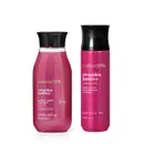 Imagem do Combo Nativa SPA Orquídea Lumière com um frasco cilíndrico rosa-escuro de body splash de 200ml e um sabonete líquido de 250ml em embalagem transparente com líquido rosa-claro. As duas tampas são pretas.