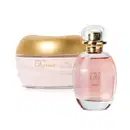 Imagem de dois produtos  L'eau de Lily Soleil, sendo um desodorante colônia em vidro de 75g com líquido rosado, borrifador dourado e tampa transparente, acompanhado de um pote com conteúdo branco e tampa dourada trazendo 200gde creme acetinado corporal.