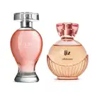 Imagem de dois desodorantes colônia femininos, sendo um vidro em formato curvilíneo transparente com líquido rosa e borrifador prateado das marca Cecita Blossom e um vidro arredondado com  líqudio bege e borrifador dourado da marca Liz.