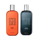 Imagem de dois vidros de desodorante colônia da marca Egeo, sendo um laranja com letras pretas da linha Spicy Vibe e outro preto com letras brancas da linha Bomb Black. As duas embalagens têm cantos arredondados, tampas prateadas e possuem 90ml.
