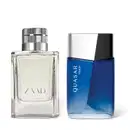 Imagem de dois itens de perfumaria masculina, um com embalagem transparente, líquido claro, tampa prateada e rótulo com a marca Zaad e outro com embalagem azul royal, tampa prateada e rótulo com a marca "Quasar Vision".