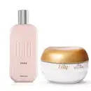 Imagem de um vidro rosa-claro com tampa prateada escrito Egeo Choc contendo desodorante colônia e um pote de vidro com conteúdo branco e tampa dourada com creme acetinado corporal Lily;