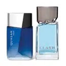 Imagem de dois frascos de item de perfumaria masculina, sendo um vidro azul marinho com tampa prateada e rótulo "Quasar Vision" e outro vidro transparente com líquido azul-claro e rótulo "Clash", ambos com design moderno e elegante.