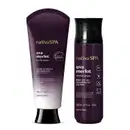 Imagem de dois produtos da marca Nativa SPA Uva Merlot, sendo uma bisnaga preta e branca com tampa preta de loção corporal e um frasco preto com letras douradas de body splash.

