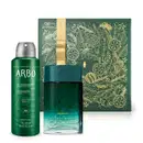 Imagem do Combo Arbo que traz um desodorante colônia da linha Atlântica em vidro branco e verde com rótulo em relevo, desodorante antitranspirante aerossol em frasco verde e prateado e uma caixa verde decorada com folhas e flores douradas.