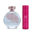 Imagem do desodorante colônia Floratta Blue em embalagem transparente. líquido azul, desenhos florais e tampa transparente e um body spray Egeo Dolce em frasco também rosa com rótulo dourado. Um kit feminino e delicado.
