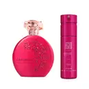 Imagem do desodorante colônia Floratta Flores Secretas em embalagem rosa com desenhos florais e tampa transparente e um body spray Egeo Dolce em frasco também rosa com rótulo dourado. Um kit feminino e cheio de energia.