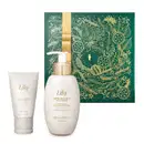 Imagem do Combo Lily Acetinados, contendo um creme de banho com bomba dosadora, uma bisnaga de creme para mãos e uma caixa de presentes azul com estampa floral dourada. Os frascos dos produtos são na cor branca e dourada.