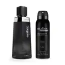 Imagem do Combo Malbec Black Legend que traz um elegante vidro de desodorante colônia e um desodorante antitranspirante em spray. As embalagens são totalmente pretas com detalhes e letras prateadas. Kit ideal para homens sofisticados.
