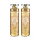 Imagem de dois frascos de body splash da linha Dream Céu de Baunilha. A embalagem é de vidro com tampa transparente e válvula spray dourada. O rótulo é em tons de dourado e traz um sorvete ilustrando o produto. Cada recipiente conta com 200ml de produto.