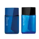 Imagem de dois itens de perfumaria masculina Quasar, sendo um frasco azul escuro e rótulo dourado da linha Blue e um frasco azul com tampa preta e rótulo branco da linha Classic. Ambas embalagens possuem o mesmo design moderno e estiloso.