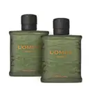 Imagem de dois itens de perfumaria da marca Uomini Spirit em embalagem cinza com texturas e tampa preta.  Cada vidro contém 100ml da fragrância.
