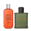 Imagem de dois frascos de perfumaria da marca O Boticário: um frasco laranja com tampa prateada e rótulo "Ego Spicy Vibe" e outro frasco verde com tampa preta e rótulo "Uomini Spirit".