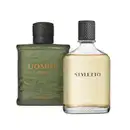 Imagem de dois itens de perfumaria masculina O Boticário: um vidro verde com rótulo dourado Uomini Spirit e outro vidro transparente com rótulo preto do Styletto, ambos com tampas pretas e texturas diferentes.
