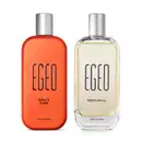 Imagem de dois frascos de item de perfumaria da marca Egeo, um na cor laranja com o texto "Spicy Vibe" e outro transparente com líquido na cor bege com o texto "Original", ambos com tampas prateadas.