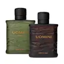 Imagem de dois frascos de item de perfumaria da marca Uomini, um na cor verde-oliva com rótulo laranja indicando a linha Spirit e outro na cor marrom, com rótulos em dourado destacando o nome da marca.