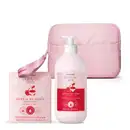 Imagem de um kit contendo três produtos da linha Cuide-se Bem Cereja De Fases, que traz quatro sabonetes em barra, frasco de loção corporal de 400ml  uma linda nécessaire rosa. As embalagens são delicadas, em tons de rosa com cereja ilustrativa.