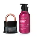 Imagem de frasco preto da fragrância Her Code, com letras e detalhe dourados e Creme Perfumado Nativa Spa Orquídea Lumiére, com seu frasco roxo, tampa preta e letras douradas e brancas. Um kit destinado para mulheres intensas.