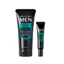 Imagem de dois produtos da marca Boticário Men Antiacne, sendo um frasco de 150 ml  com o sabonete líquido facial e uma bisnaga de gel secativo. As embalagens são na cor preta com detalhes em azul e letras brancas.