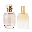 Imagem de dois frascos de produtos da marca Lily: um luxuoso vidro transparente com tampa dourada contendo o desodorante colônia Lily Blanche" e outro vidro fosco com rótulo e tampa dourados contendo um spray perfumado para cabelos da mesma marca.