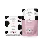 Imagem de dois produtos da linha Cuide-se Bem Deleite: caixa com quatro sabonetes em barra e sachê refil da loção hidratante corporal contendo 350ml e detalhes em rosa. Ambas embalagens são na cor branca e preta e trazem ilustração de vaca.
