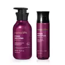 A imagem mostra dois produtos da marca Nativa SPA Rosas Secretas, sendo um frasco de 400ml de creme corporal e um frasco de 200ml de body splash. Elas são roxas, têm tampas pretas e as informações do rótulo estão impressas em letras brancas e douradas.