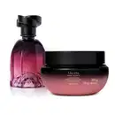 A imagem mostra dois produtos da linha Floratta Rose Sucrée, sendo um vidro de 75ml do Eau de Parfum e um pote de 200g de creme corporal. As embalagens possuem um degradê que vai do preto para o roxo, tampas pretas e rótulo em letras brancas.