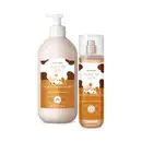 Imagem mostra dois produtos da linha Cuide-se Bem Deleite Caramelizado: frasco de loção hidratante de 400ml e body splash em spray de 200ml. Ambas embalagens são brancas com tons de marrom, ilustração de vaca e detalhes em preto.